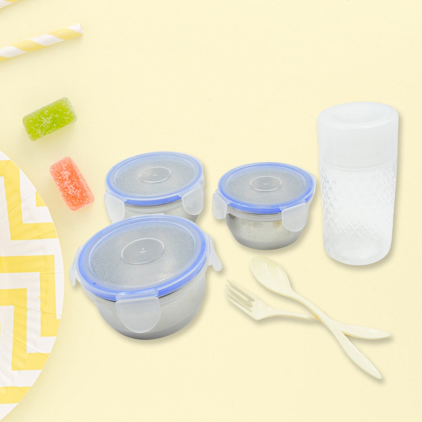 6In1 Tiffin Box-Lunch Box | 3 Stainless Steel Containers | Plastic lid Box | Spoon & Fork /Plastic Bottle | Insulated Fabric Bag | Leak Proof | Microwave Safe for Office, College and School for Men, Women (6 pcs)