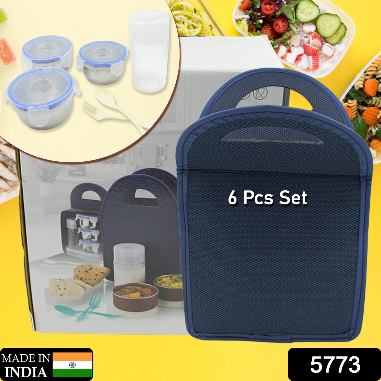 6In1 Tiffin Box-Lunch Box | 3 Stainless Steel Containers | Plastic lid Box | Spoon & Fork /Plastic Bottle | Insulated Fabric Bag | Leak Proof | Microwave Safe for Office, College and School for Men, Women (6 pcs)
